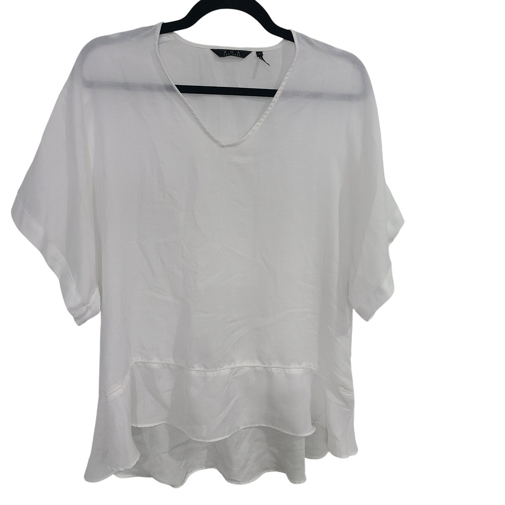 Zoa New York White V-Neck Tiered Ruffle Hem‎ Short Sleeve Blouse Women's Small